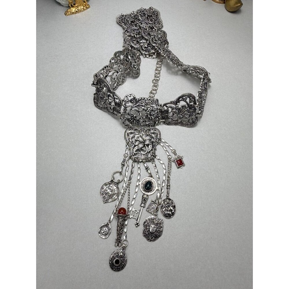 ZARA Ornate Silver Tone Statement Belt Charm Medallion Boho